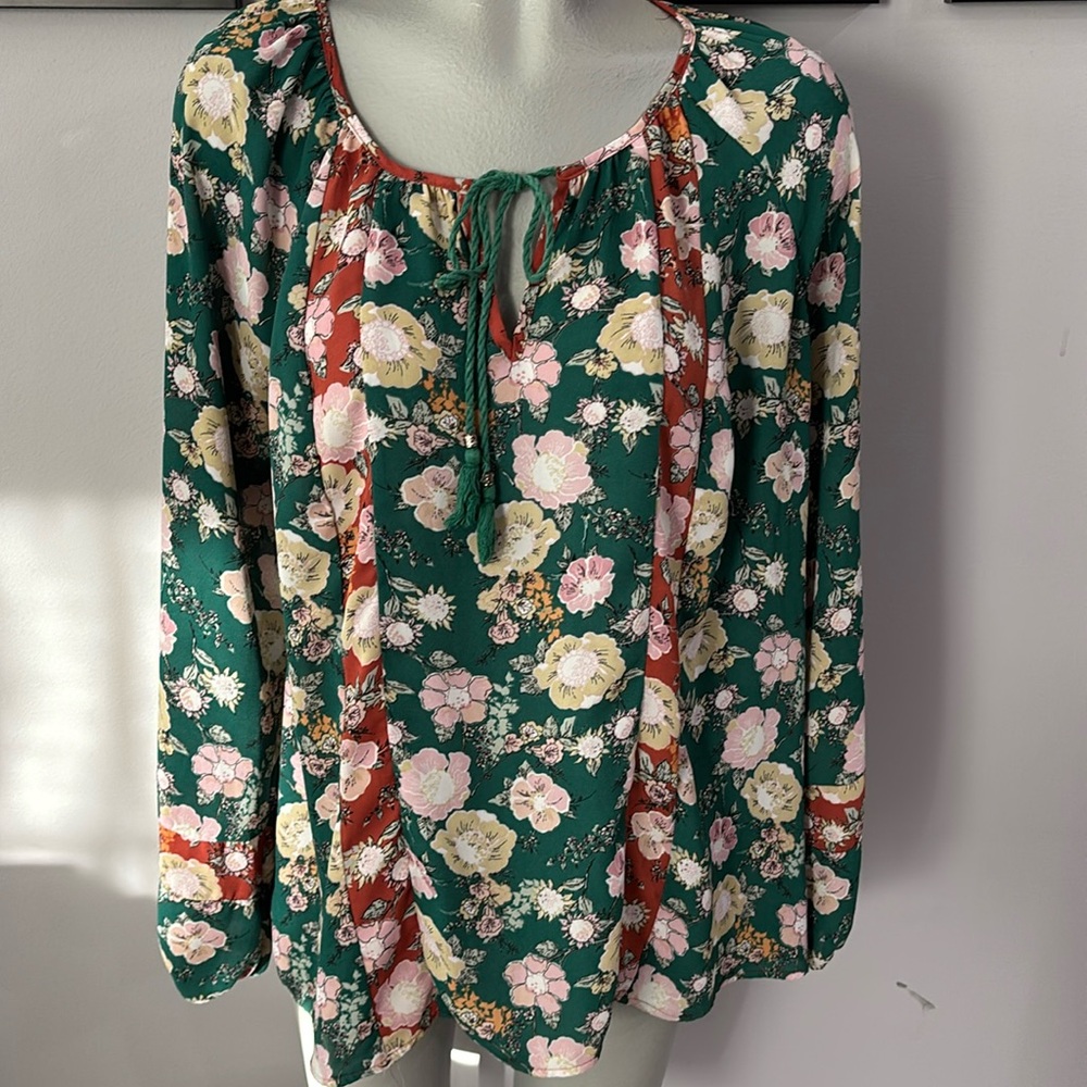 🌿 DR2 Daniel Rainn Floral Boho Tunic Blouse XL Green Flowy Tassel Top - Picture 5 of 12